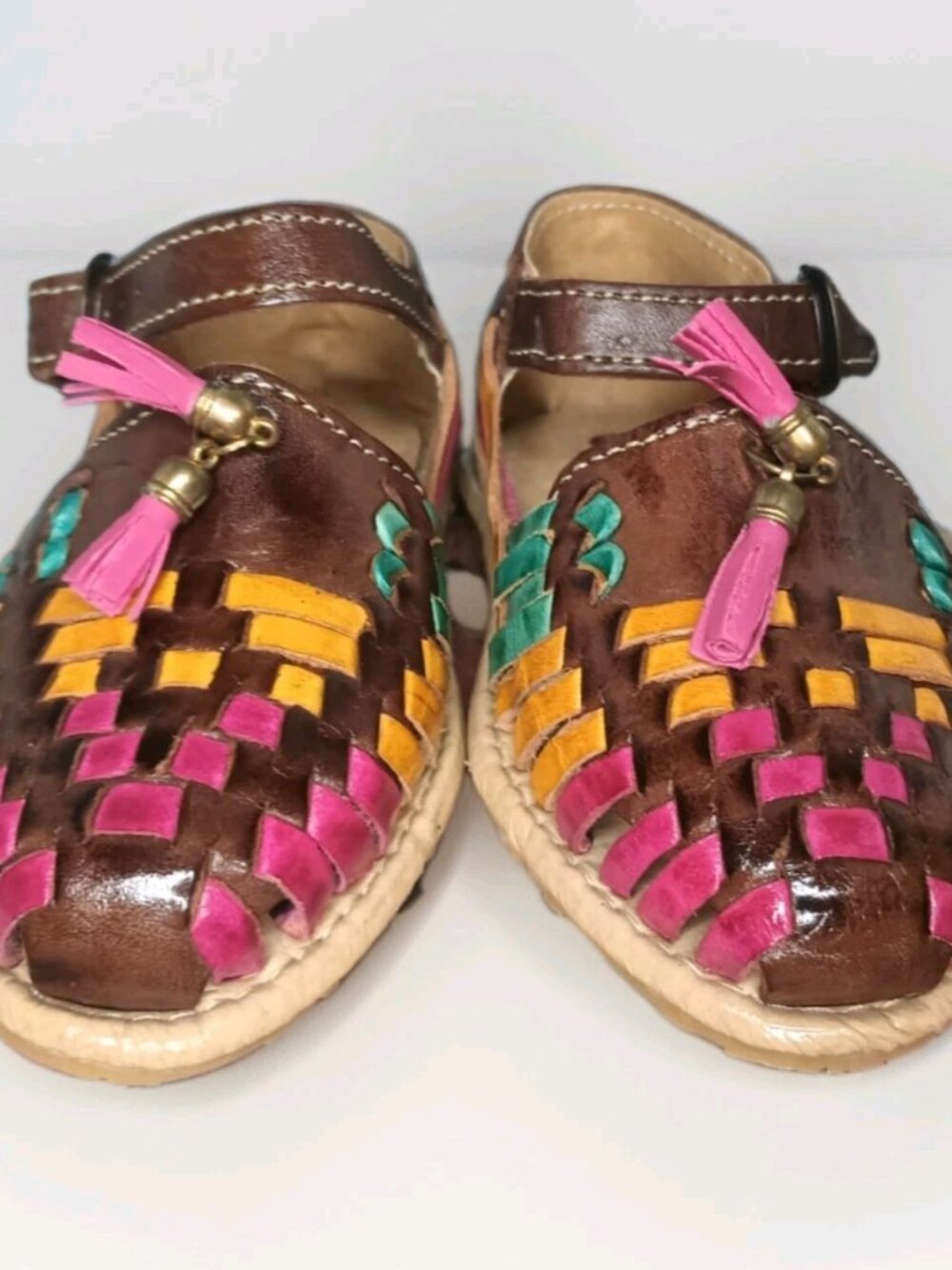 Girls Mexican Huarache Sandals FAMAH Leather Woven Pink Multicolor US Sz 11